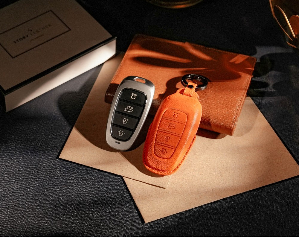 Orange Leather Key Cover for Hyundai Smart Key (Style R4)