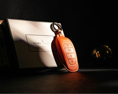 Orange Leather Key Cover for Hyundai Smart Key (Style R4)
