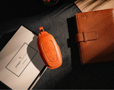 Orange Leather Key Cover for Hyundai Smart Key (Style R4)