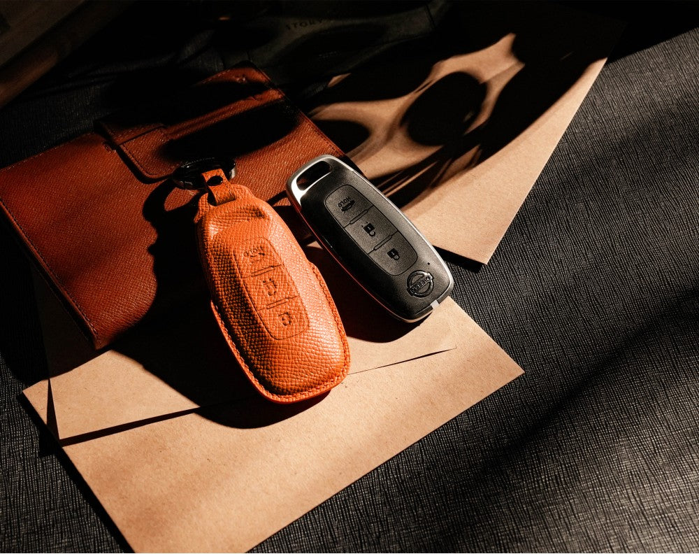 Orange Leather Key Cover for Nissan Smart Key (Style R3)