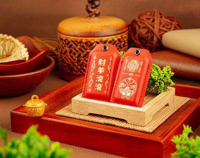 Rolling Wealth Amulet with Golden Fortune Pot on display