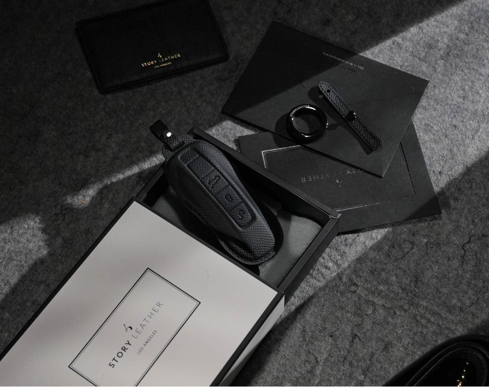 Black Leather Key Cover for Porsche Smart Key (Style C3)