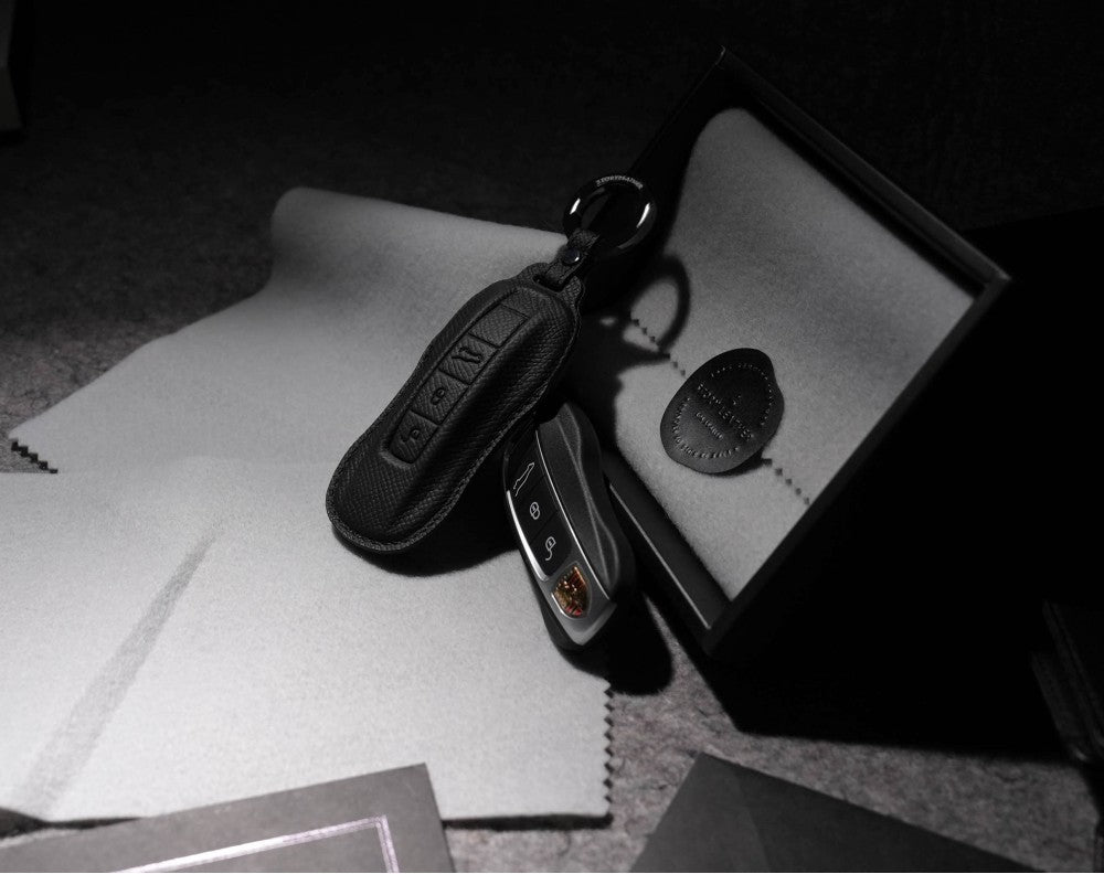 Black Leather Key Cover for Porsche Smart Key (Style C3)