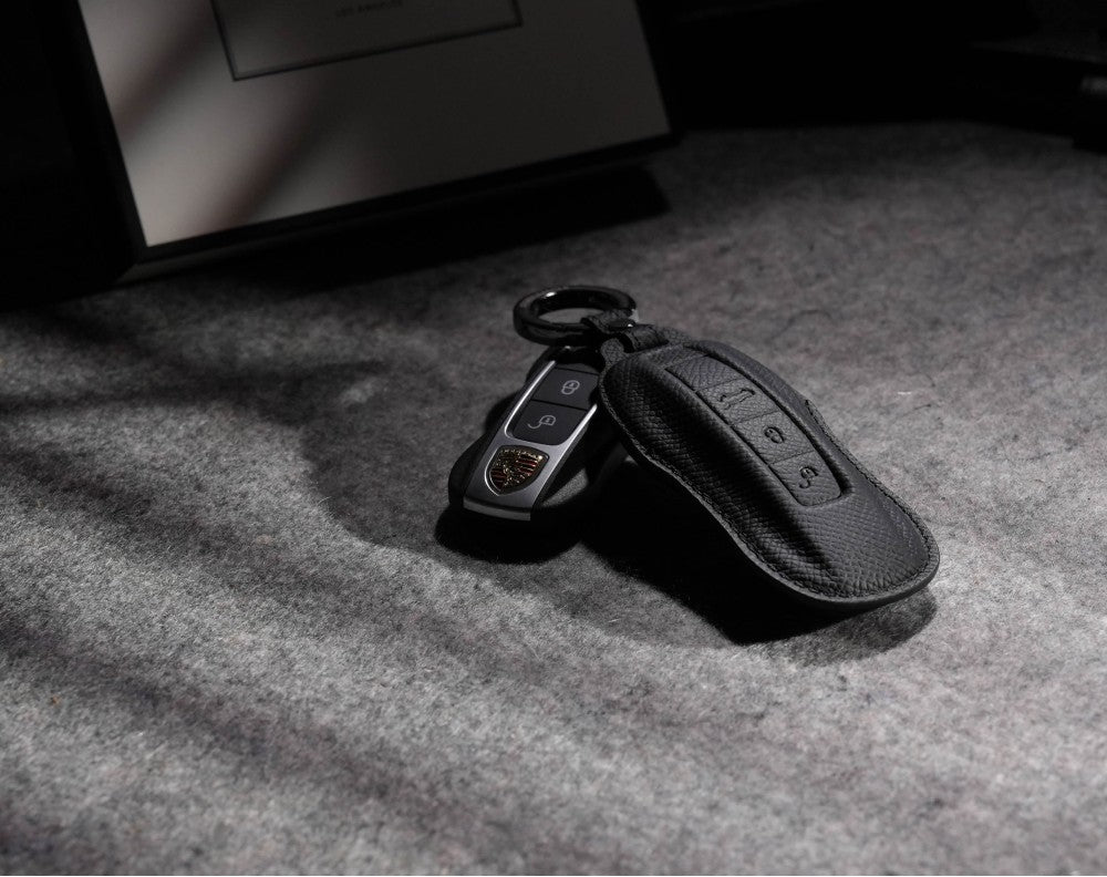 Black Leather Key Cover for Porsche Smart Key (Style C3)