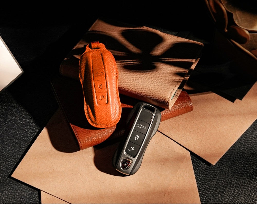 Orange Leather Key Cover for Porsche Smart Key (Style C3)