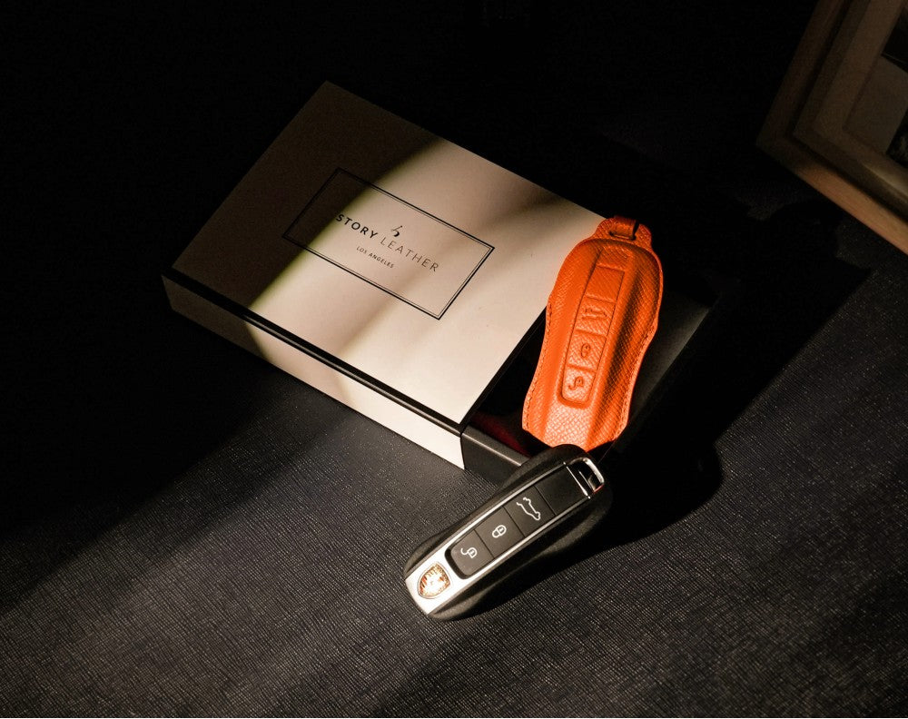 Orange Leather Key Cover for Porsche Smart Key (Style C3)