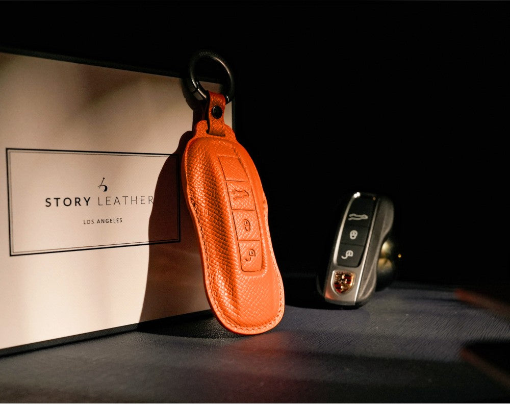 Orange Leather Key Cover for Porsche Smart Key (Style C3)