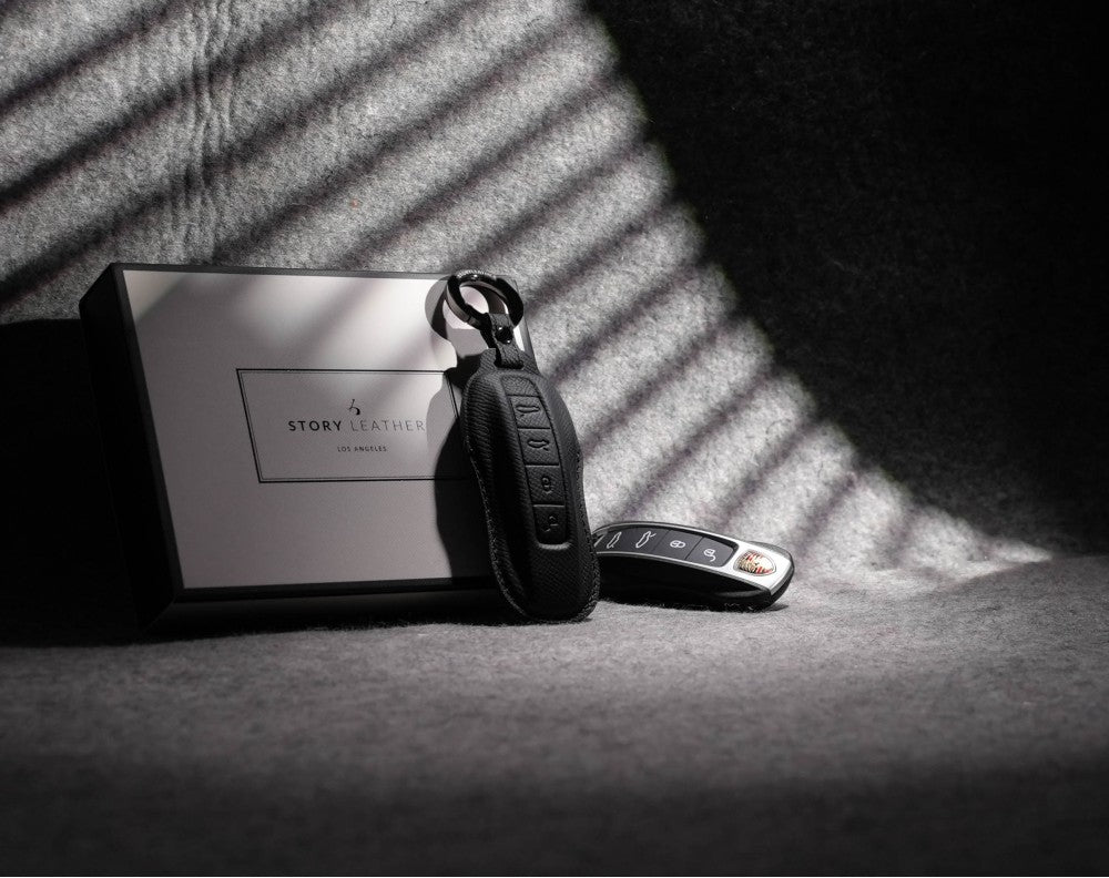 Black Leather Key Cover for Porsche Smart Key (Style C4)