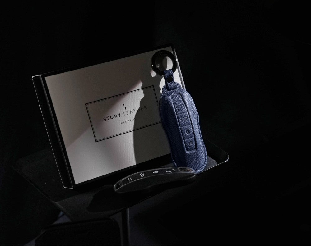 Blue Leather Key Cover for Porsche Smart Key (Style C4)