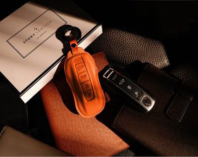 Orange Leather Key Cover for Porsche Smart Key (Style C4)