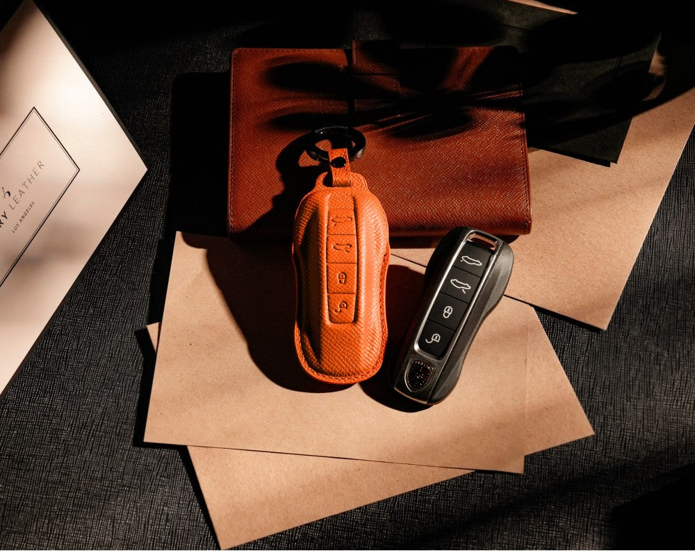 Orange Leather Key Cover for Porsche Smart Key (Style C4)
