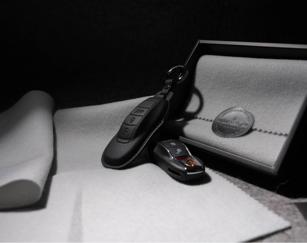 Black Leather Key Cover for Porsche Smart Key (Style O3)