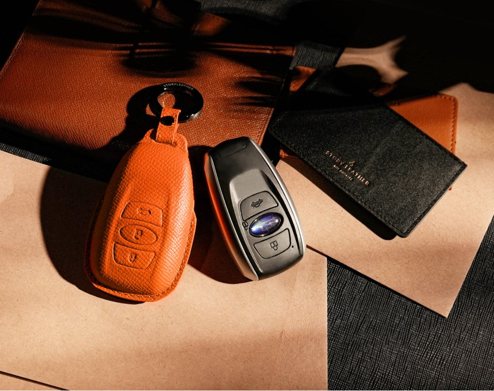 Orange Leather Key Cover for Subaru Smart Key (Style O3)
