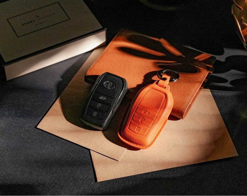 Orange Leather Key Cover for Toyota Smart Key (Style R3)