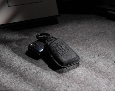 Black Leather Key Cover for Volkswagen & Skoda Smart Key (Style R3)