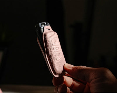 Pink Leather Key Cover for Volkswagen & Skoda Smart Key (Style R3)