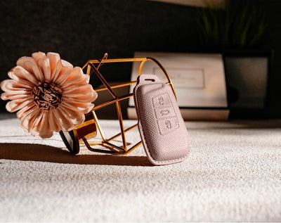 Pink Leather Key Cover for Volkswagen & Skoda Smart Key (Style R3)