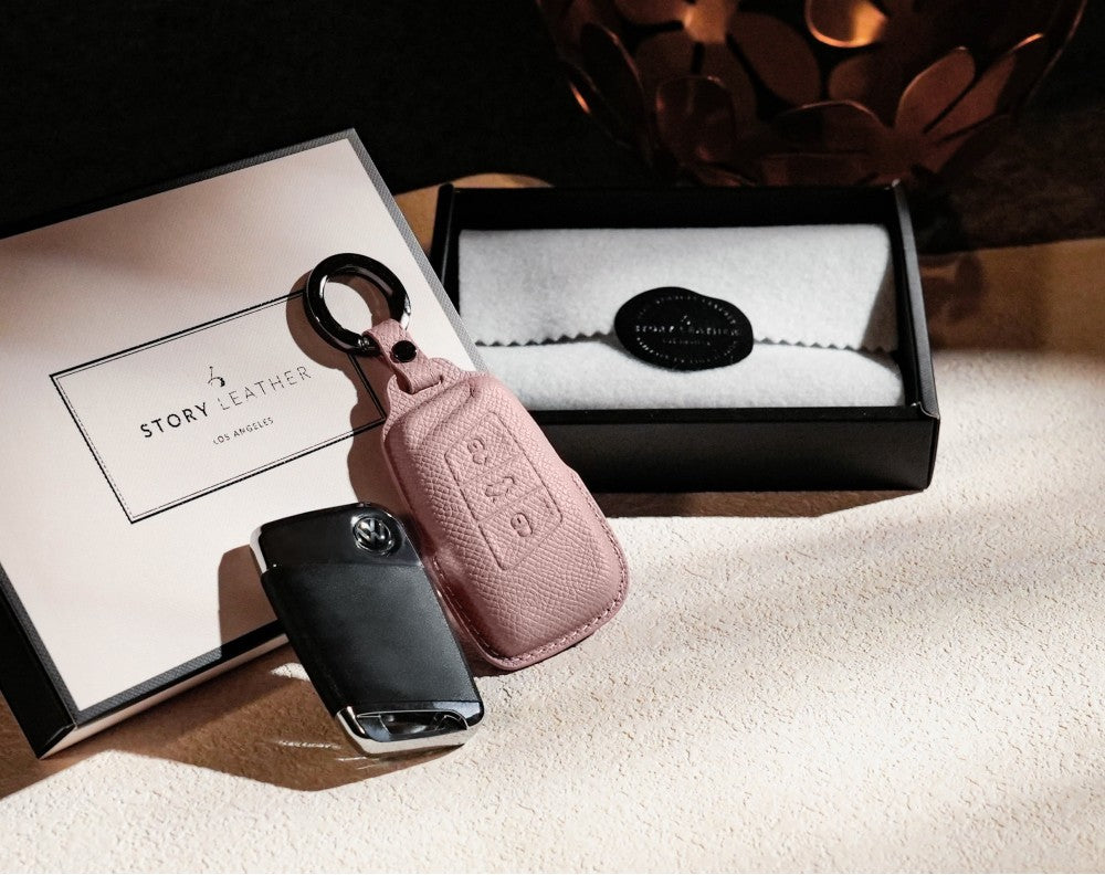 Pink Leather Key Cover for Volkswagen & Skoda Smart Key (Style R3)