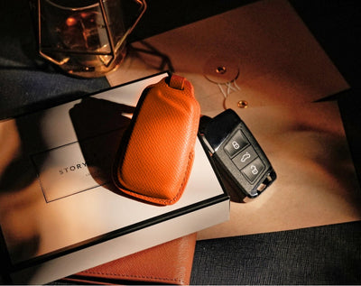 Orange Leather Key Cover for Volkswagen & Skoda Smart Key (Style R3)