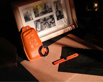 Orange Leather Key Cover for Volkswagen & Skoda Smart Key (Style R3)