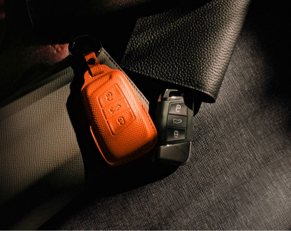 Orange Leather Key Cover for Volkswagen & Skoda Smart Key (Style R3)