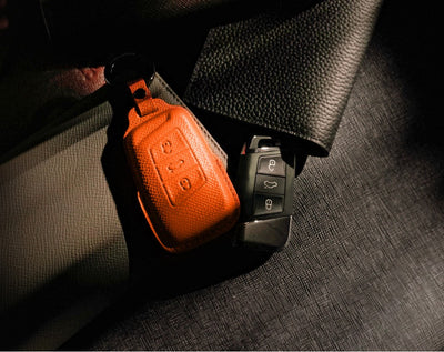 Orange Leather Key Cover for Volkswagen & Skoda Smart Key (Style R3)