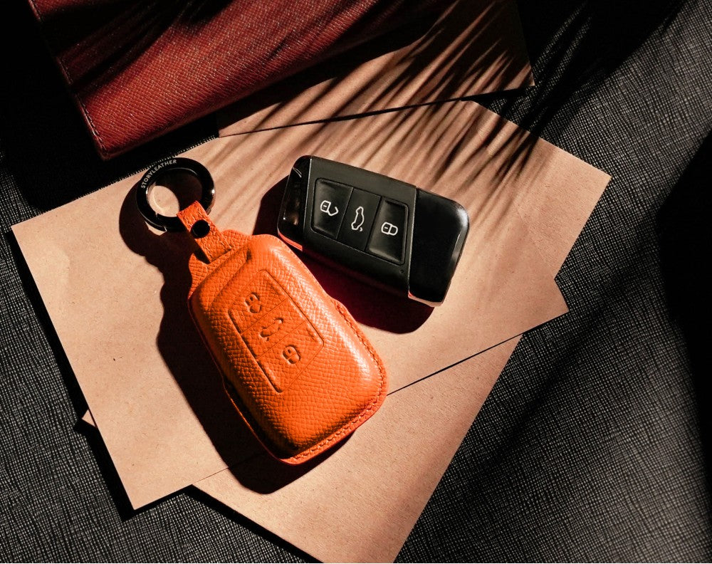 Orange Leather Key Cover for Volkswagen & Skoda Smart Key (Style R3)