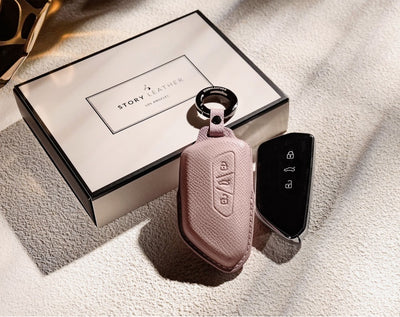 Pink Leather Key Cover for Volkswagen & Skoda Smart Key (Style T3)