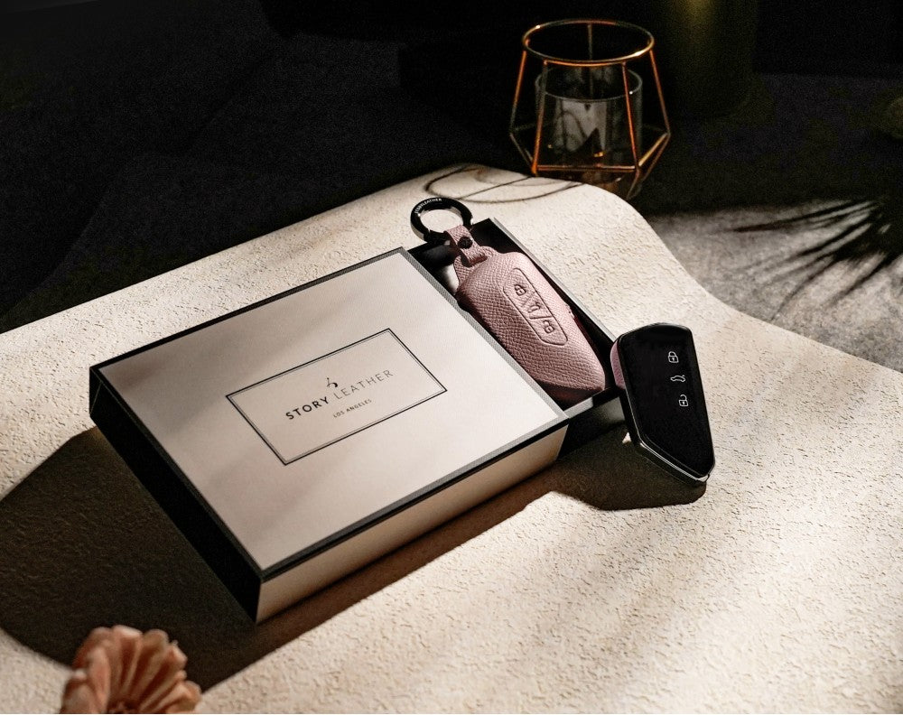 Pink Leather Key Cover for Volkswagen & Skoda Smart Key (Style T3)