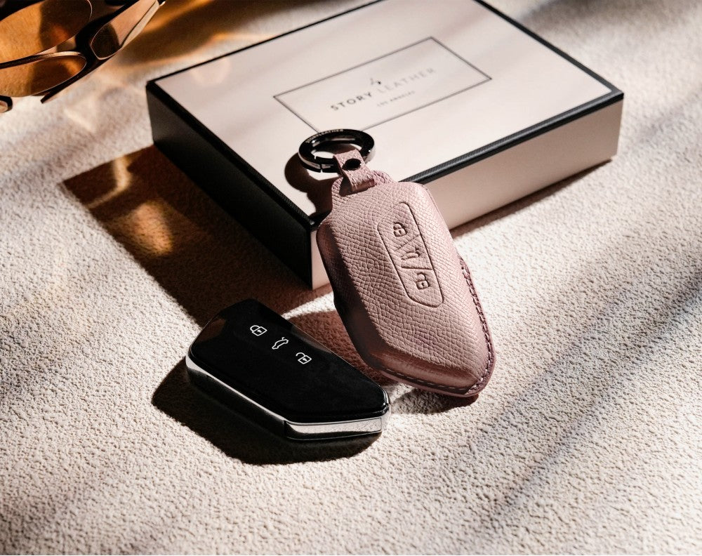 Pink Leather Key Cover for Volkswagen & Skoda Smart Key (Style T3)