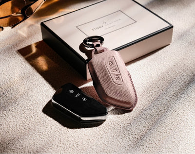 Pink Leather Key Cover for Volkswagen & Skoda Smart Key (Style T3)
