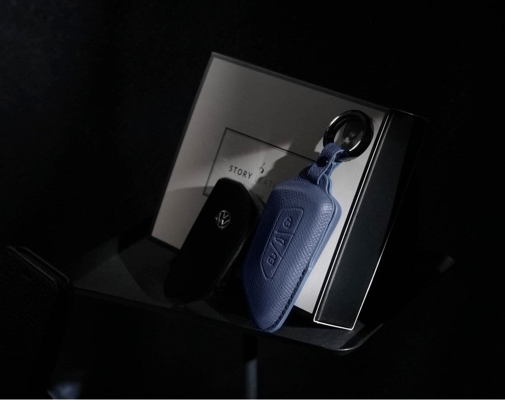 Blue Leather Key Cover for Volkswagen & Skoda Smart Key (Style T3)