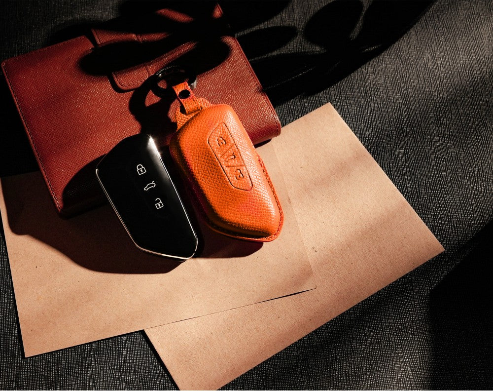 Orange Leather Key Cover for Volkswagen & Skoda Smart Key (Style T3)