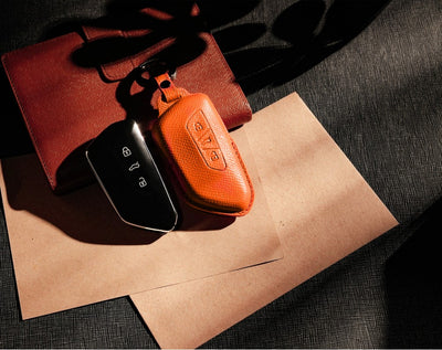 Orange Leather Key Cover for Volkswagen & Skoda Smart Key (Style T3)