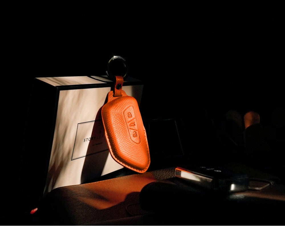 Orange Leather Key Cover for Volkswagen & Skoda Smart Key (Style T3)