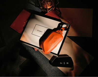 Orange Leather Key Cover for Volkswagen & Skoda Smart Key (Style T3)
