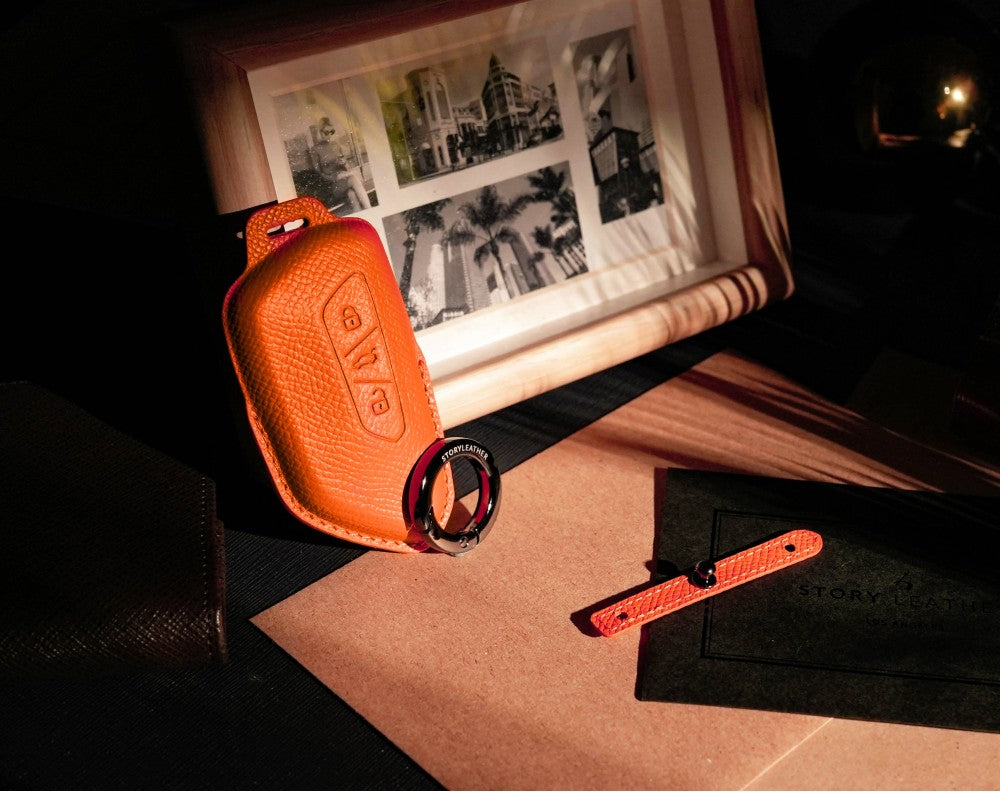 Orange Leather Key Cover for Volkswagen & Skoda Smart Key (Style T3)