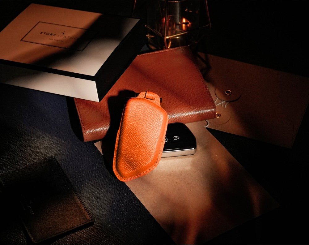 Orange Leather Key Cover for Volkswagen & Skoda Smart Key (Style T3)