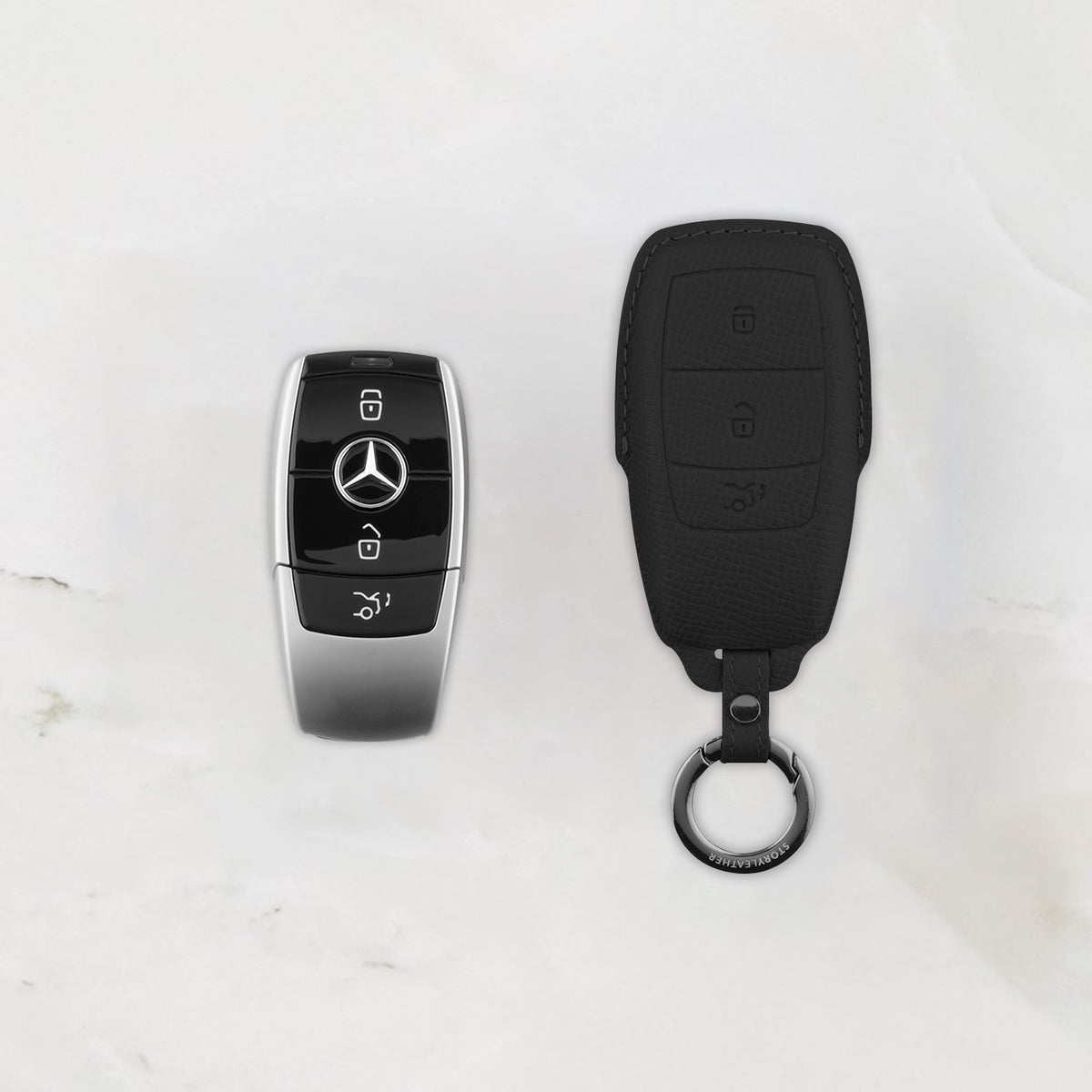 Black Leather Key Cover for Mercedes-Benz Smart Key (Style R3)