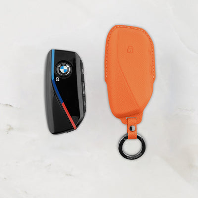 Orange Leather Key Cover for BMW Smart Key (Style S4)
