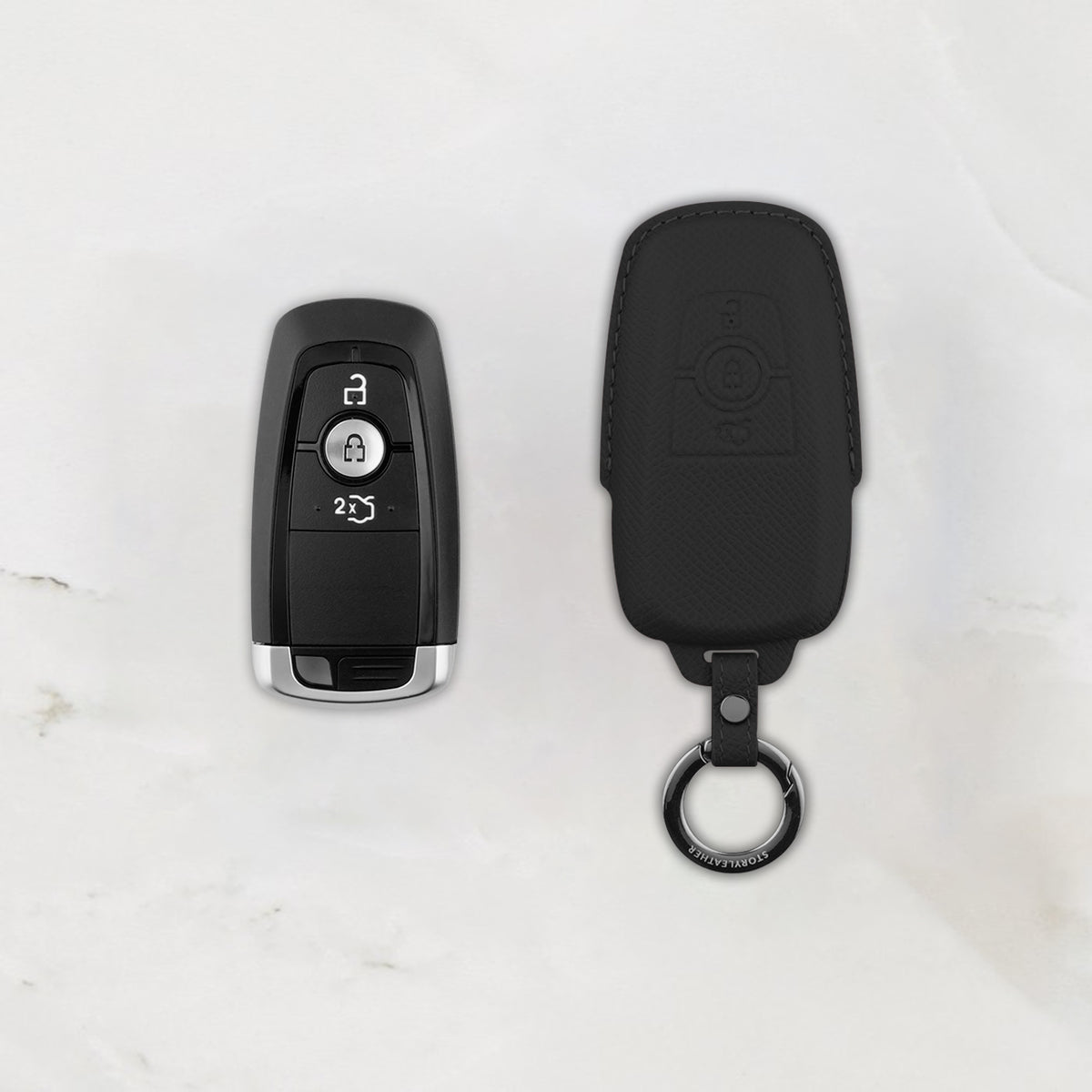 Black Leather Key Cover for Ford Smart Key (Style R3)