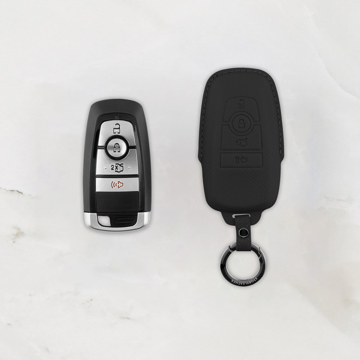 Black Leather Key Cover for Ford Smart Key (Style R4)