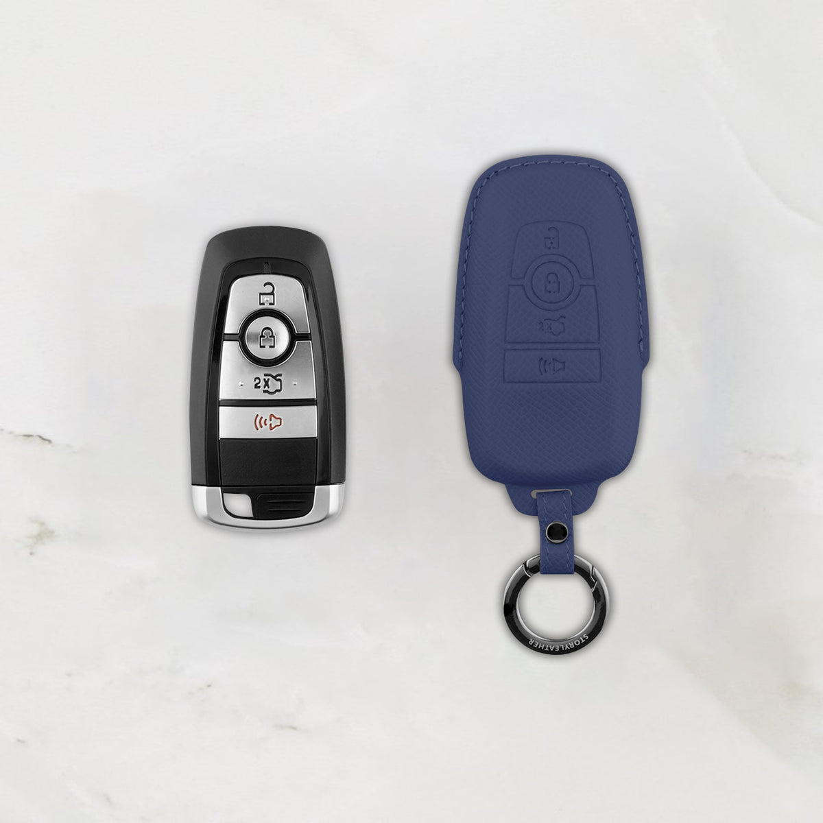 Blue Leather Key Cover for Ford Smart Key (Style R4)
