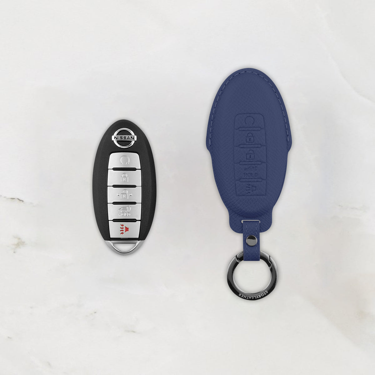 Blue leather key cover for Nissan smart key