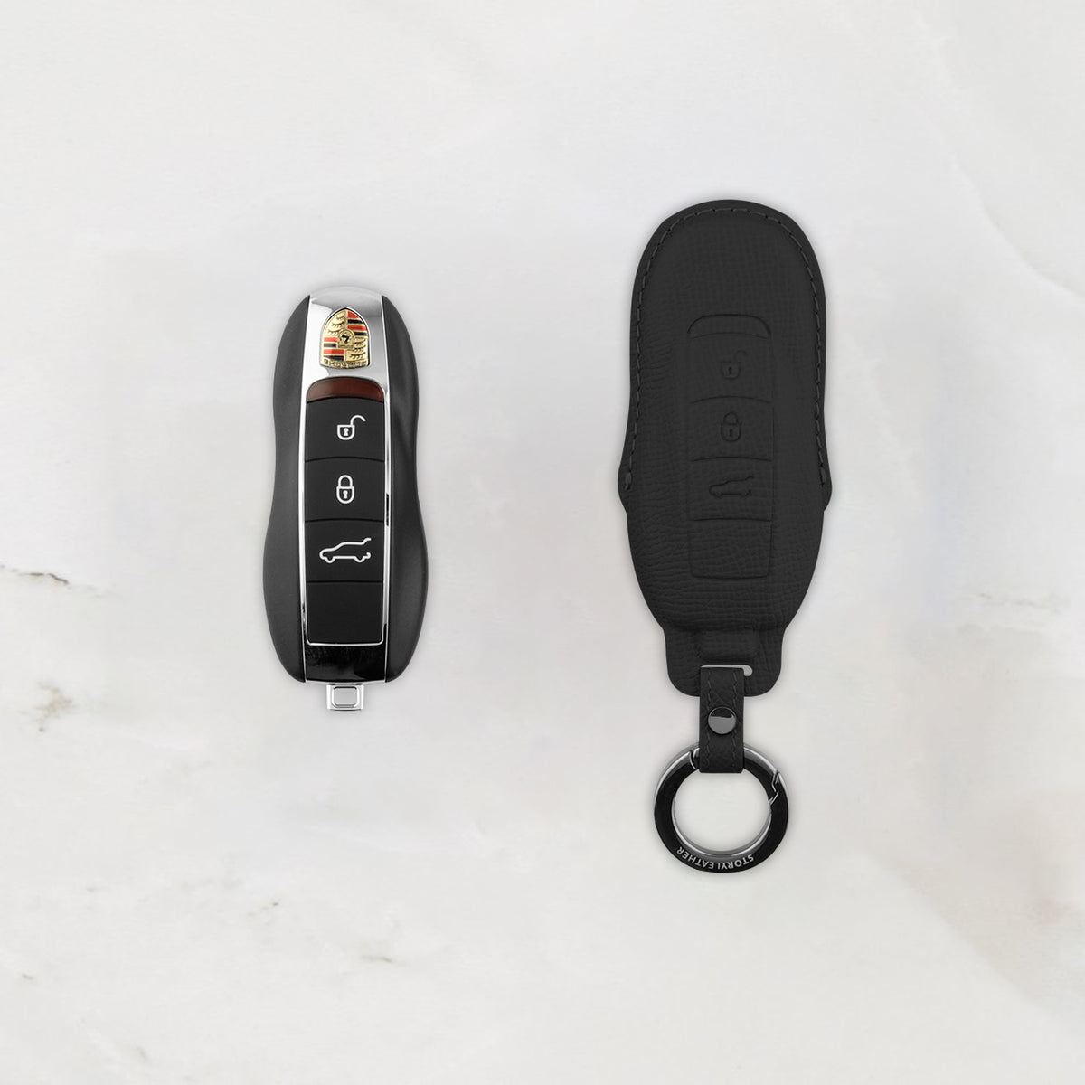Black leather key cover for Porsche smart key