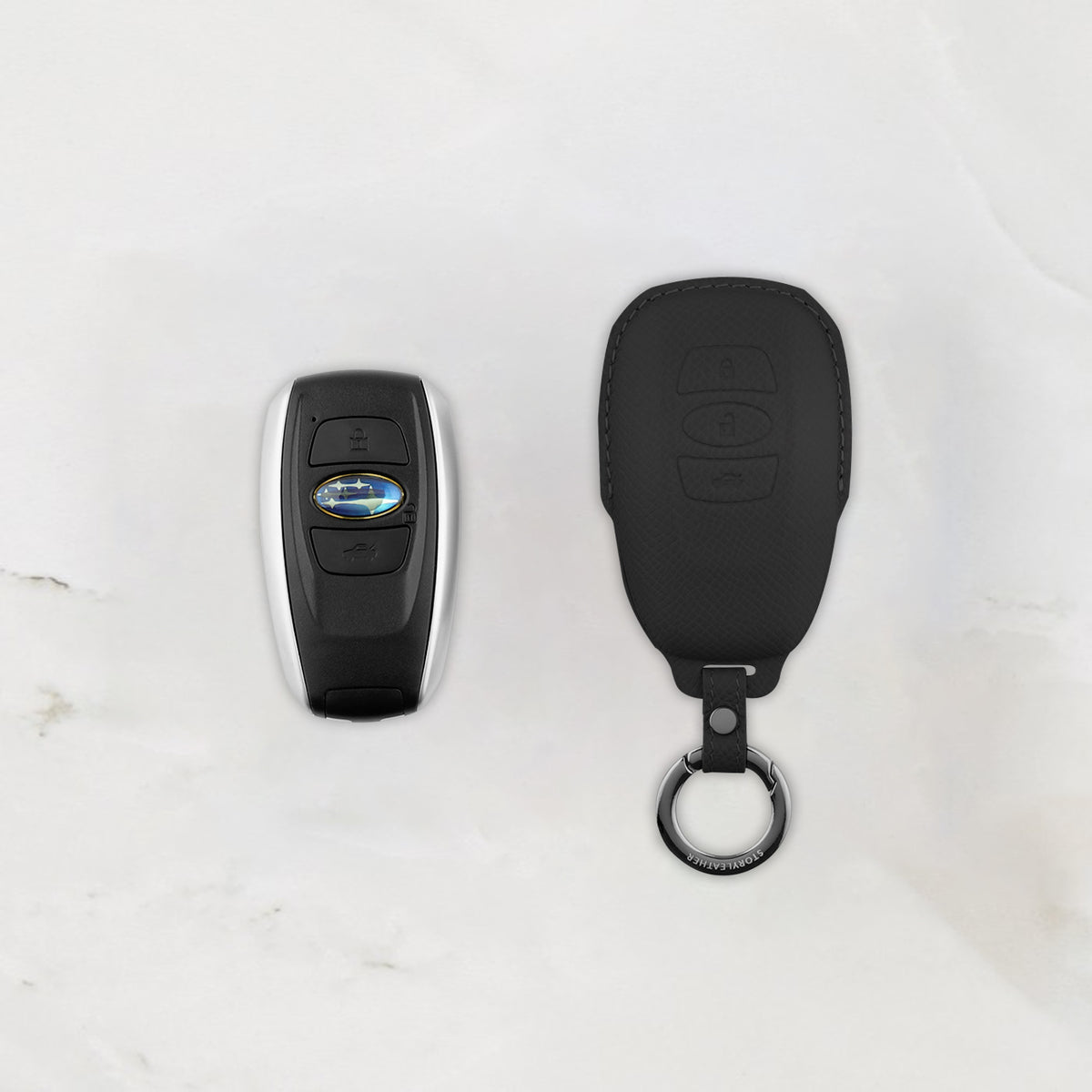 Black leather key cover for Subaru smart key