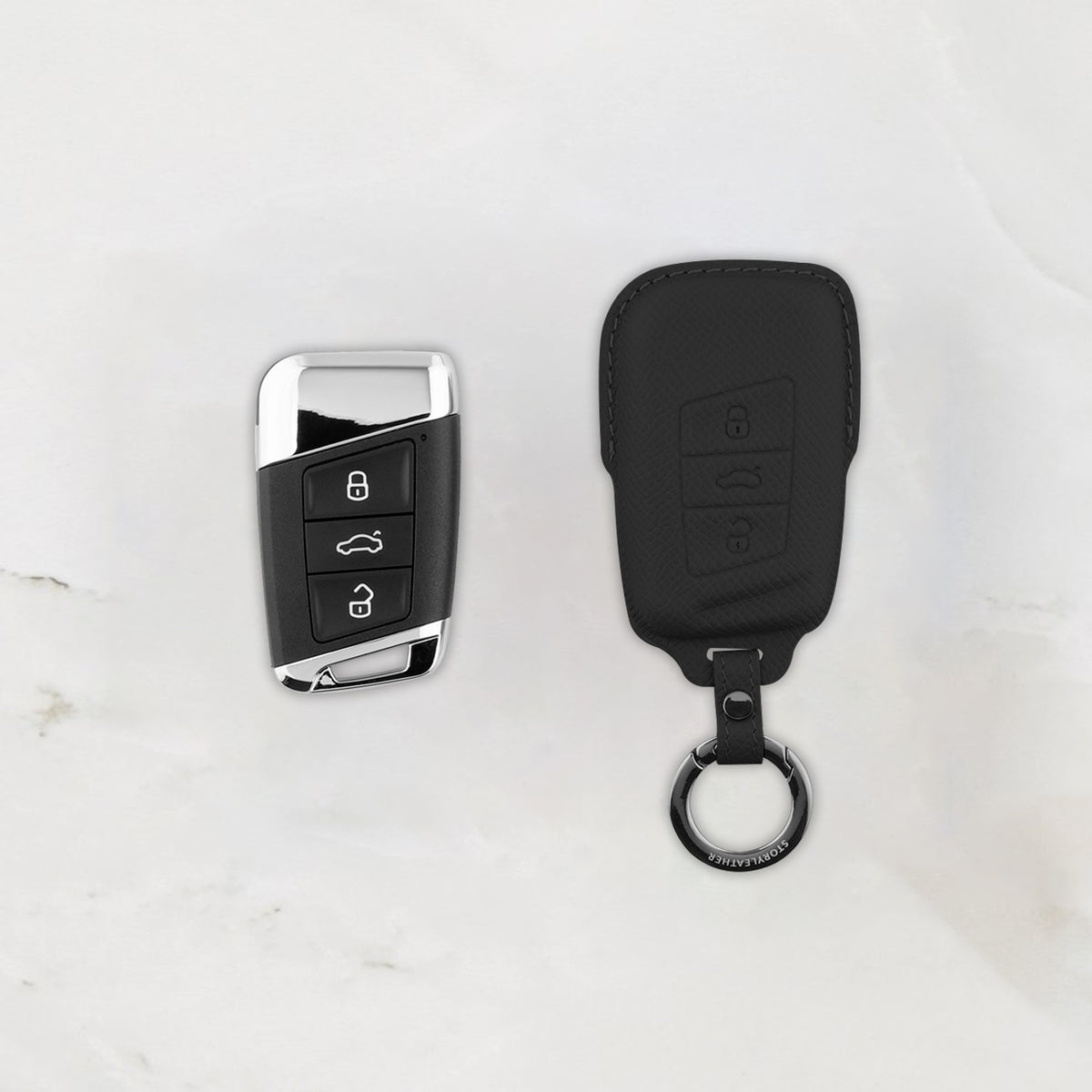 Black leather key cover for Volkswagen & Skoda smart key