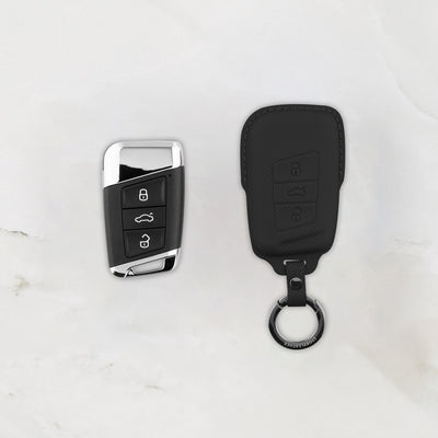 Black leather key cover for Volkswagen & Skoda smart key