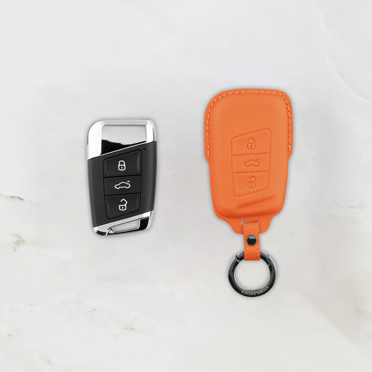 Orange leather key cover for Volkswagen & Skoda smart key