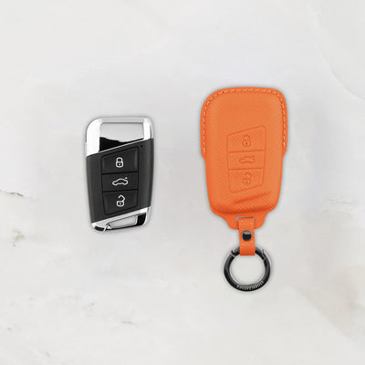 Orange leather key cover for Volkswagen & Skoda smart key